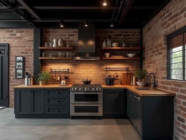 Kök med industriell charm, synliga balkar och rustika material.