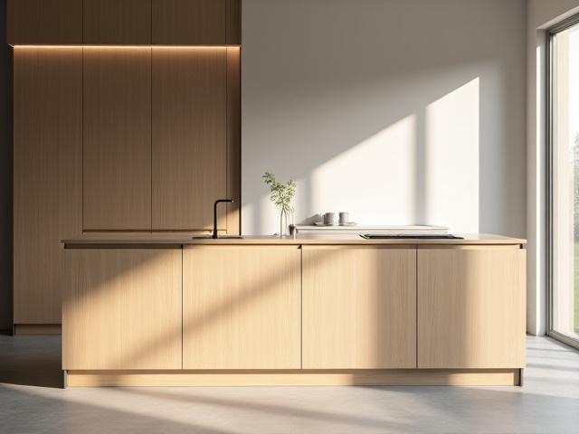 Minimalistiskt kök i ek med rena linjer och elegant finish.