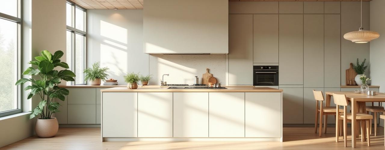 Vacker skandinavisk köksinteriör med naturliga material och ljus