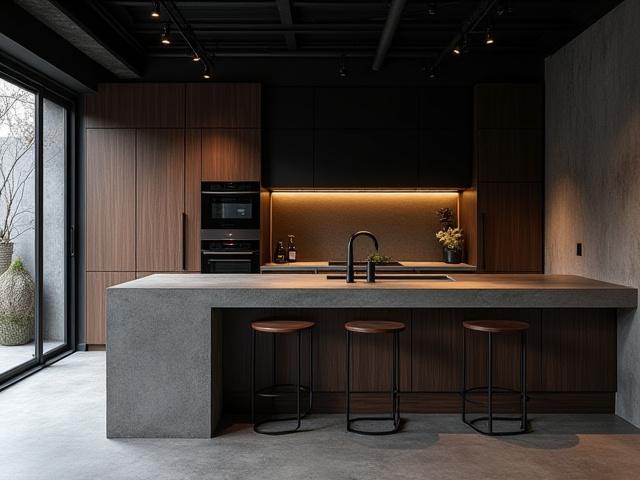 Kök med industriell design, betongbänkskiva och svarta detaljer